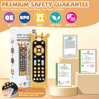 Orzbow Baby Remote Control Toy for 6 Month+ with Silicone Giraffe Teether Cover, TV Remote Toy with Realistic Light and Sound - English, French and Spanish for Infant Musical Toys, BPA Free, Black