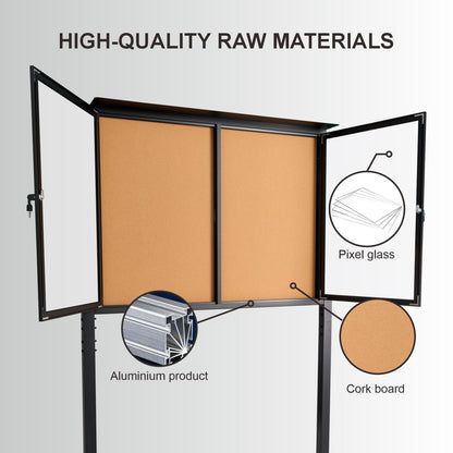 Standing Enclosed Bulletin Board 36”x48” Weather-Resistant Outdoor Noticeboard with Locking Doors，Community Sign with Metal Pole & Black Aluminum Frame & Cork Presentation Board
