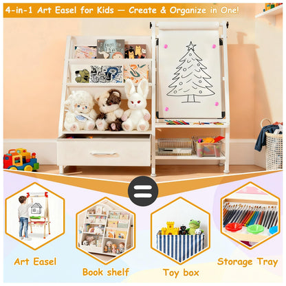 Faesun 4-in-1 Art Easel for Toddlers with Bookshelf and Toy Organizer, Kids Drawing Easel with Paper Roll & Magnetic Whiteboard, Birthday Gift for Ages 2–8, Boys & Girls