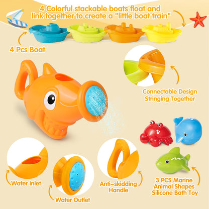 Water Table Toys for Toddlers 1-3, 16PCS Bath Toys for Babies 6-12 Months wtih Floating Boats, Stacking Cups, Shark Water Can & Marine Animal Silicone Toys, Pool Beach Idea Gift for Boys Girls