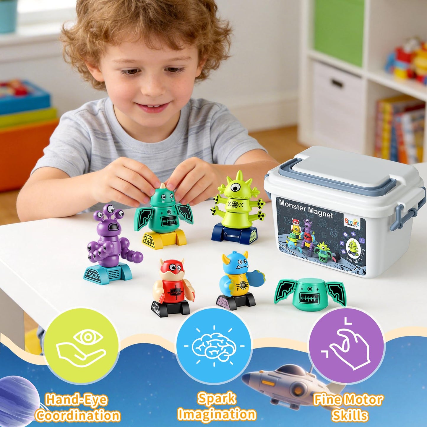 Haoshoon Magnetic Robot Building Toys for Kids 3-8, STEM Magnetic Monster Set, DIY Stacking Robots with Storage Box, Ideal Birthday for Boys Girls Age 3 4 5 6 7 8