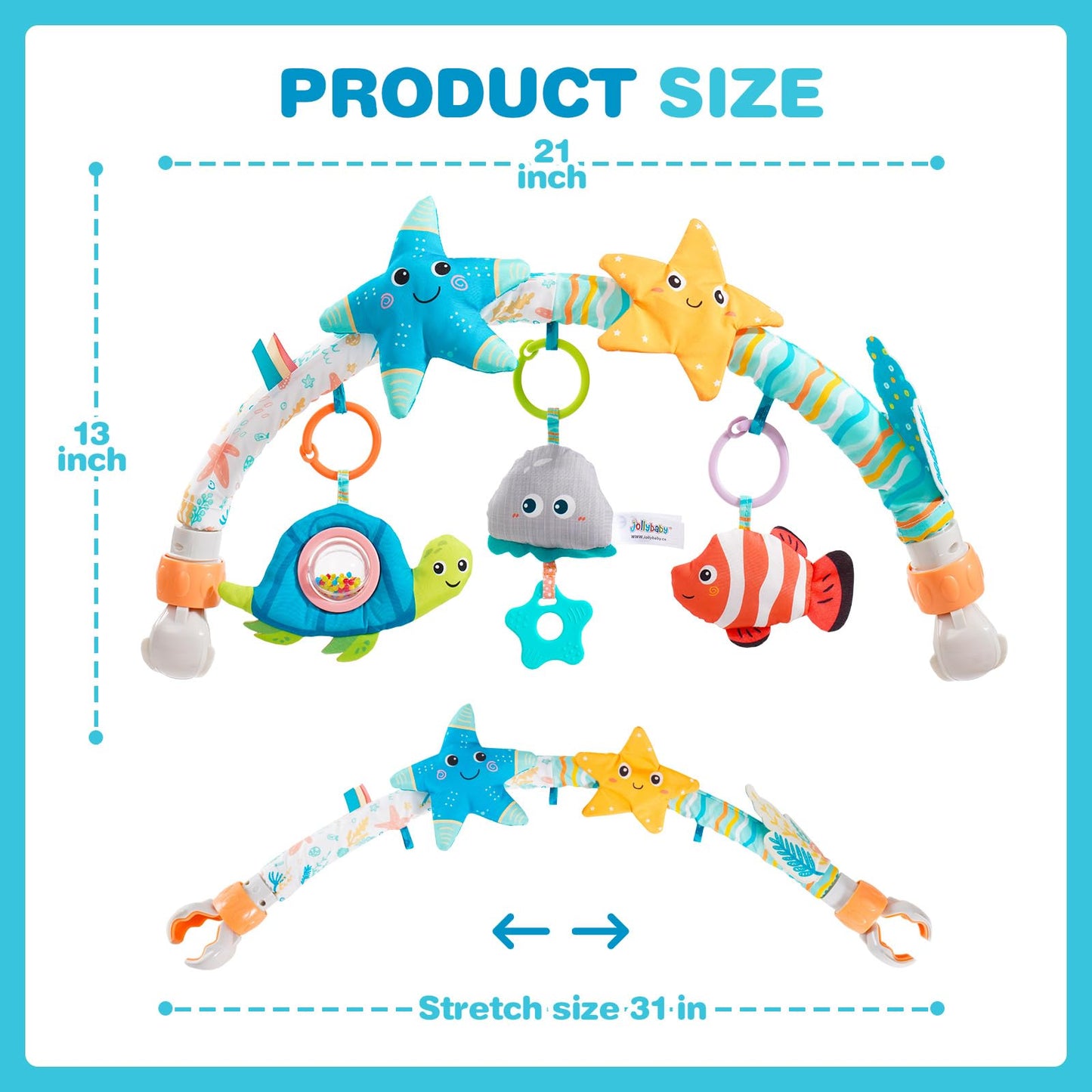 Jollybaby Musical Bassinet Stroller Crib Mobile Toy for Baby 0-6-12 Months, Infant Clip On Arch Hanging Toy with Music Box for Bjorn Bouncer, Portable Mobile Attachment Toy for Newborn Gift - Starfish