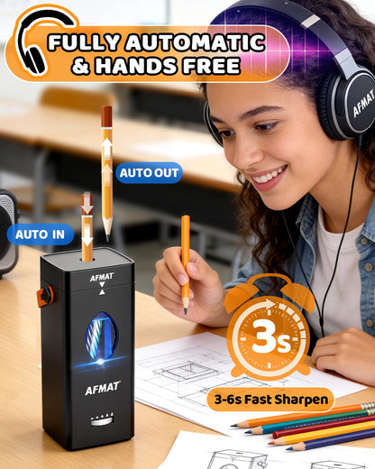 AFMAT Electric Pencil Sharpener, Fully Automatic Pencil Sharpener for 6-12mm No.2/Jumbo Pencils, Auto in & Out, 5 Sharpness Modes, Rechargeable Heavy Duty Sharpeners for Classroom/Home/Office PSC7