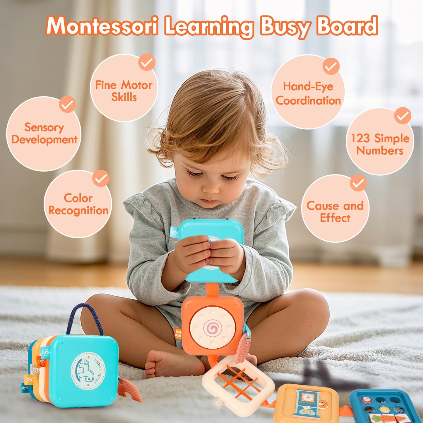 GRESEESM Montessori Busy Board for 1 Year Old, Toddlers Travel Toys for Ages 1–3, Sensory Activity Board for Airplane and Car, Baby Gifts for Boys Girls, Easter Basket & Stocking Stuffers
