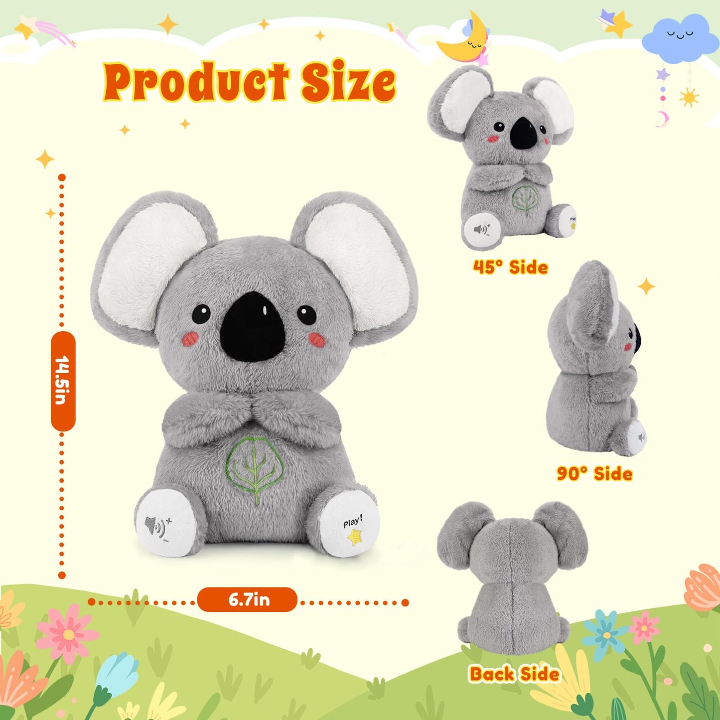 BRICHOEE Breathing Stuffed Animal, Soothing Koala Stuffed Animal with Moving Ears, Breathing Motion, Calming Sound and Light for Baby Sleep Companion Portable Plush Toy Gifts for Kids Newborns