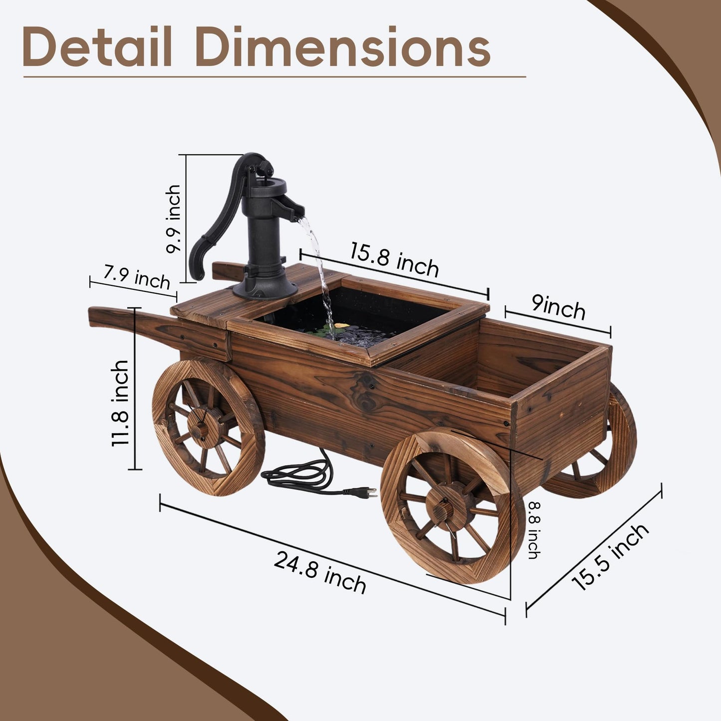 Outdoor Water Fountain, Wooden Wagon Garden Fountain with Planter Box, Rustic Cart Water Feature with Retro Hand Pump, Decorative Outdoor Flower Pot for Patio & Backyard, Plug-in Electric