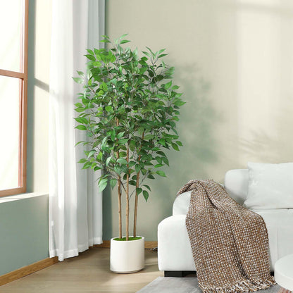 SOGUYI Ficus Artificial Tree 5ft Tall Fake Ficus Tree for Home Decor Indoor Faux Silk Ficus Plant Fake Floor Plant in White Imitation Ceramic Planter with Green Fake Moss, Set of 1