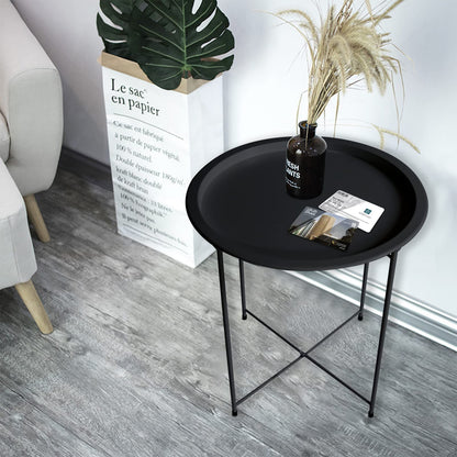 Garden 4 you End Table Metal Side Table Black Round Folding Tray Cyan Sofa Small Accent Fold-able Table, Round End Table Tray, Next to Sofa Table, Snack Table for Living Room and Bed Room