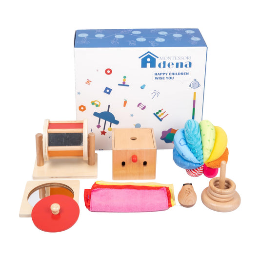 Adena Montessori Play Kit for 5-6 Months Baby,8 in 1 Learning Educational Toys for Toddler,Include Rainbow Spining Drum,Mirror Puzzle,Baby Tissue Box and More,Christmas Birthday Gift for Boys Girl