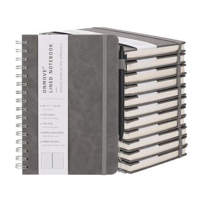 OnMove Spiral Notebooks Journal for Women Men 12 Pack Bulk Leather Hardcover with Pen Holder A5 160 Pages 100 GSM Thick Paper for Work School Lined Gray