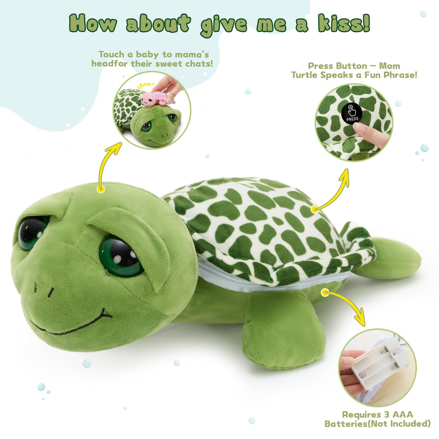Karister 6Pcs Sound Turtle Plush Toy, 14" Talking Mother Turtle Stuffed Animal with 3 Baby Tortoise & 2 Eggs, Stuffed Educational Sea Creature for Kids, Ocean Plushies Gift for Birthday Christmas