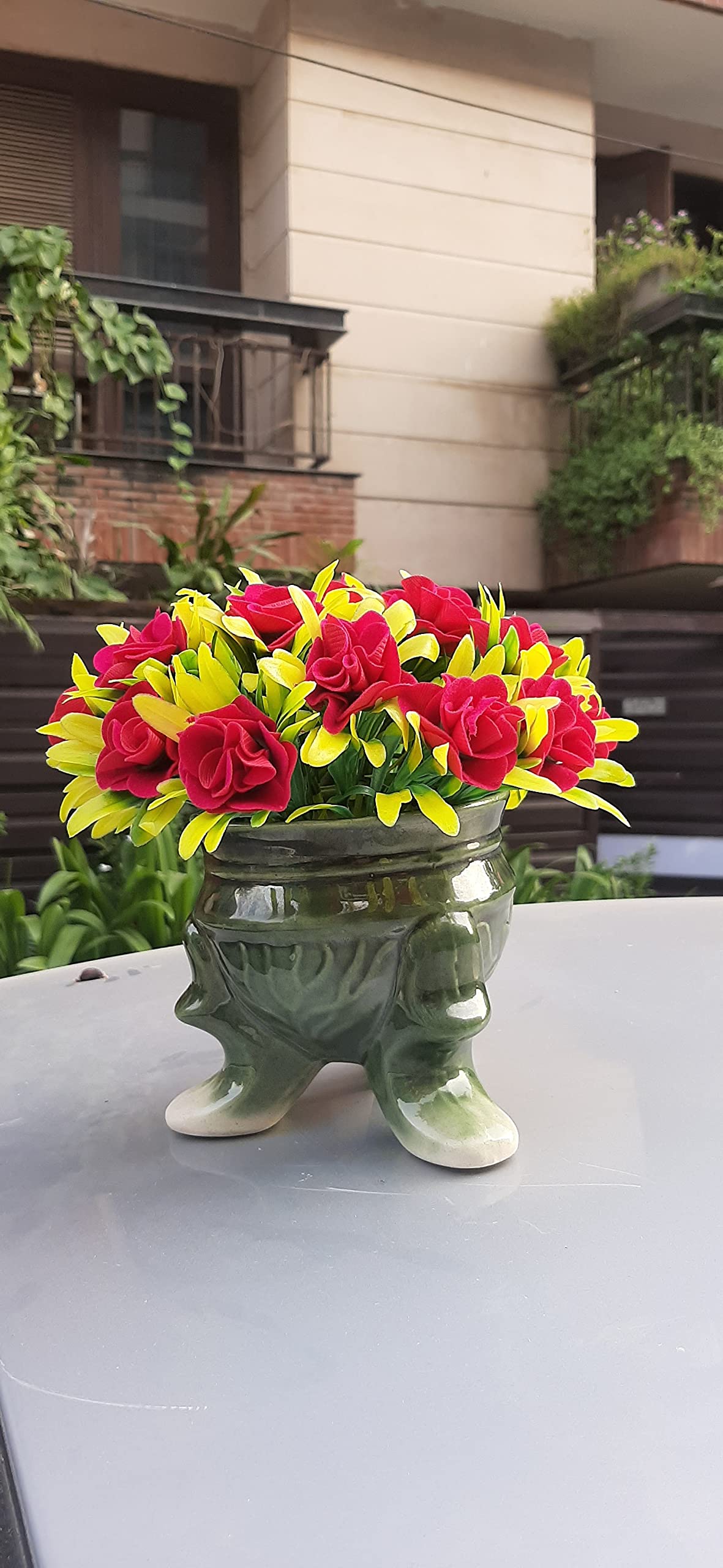 India Meets India Handmade Ceramic 3 Legs Pot Planter [Green] w/Artificial Flower, Decorative Planter for Home Décor/Living Room/Office/Dining Area and Windowsill, 4.5 x 4.5 inches