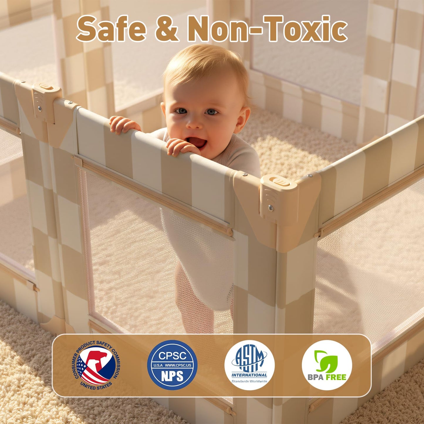 Tiny Marvels Baby Playpen, 50 x 50 in Play Pen for Babies and Toddlers, Foldable Baby Playpen, Play Yard for Infants with Breathable Mesh, Playard with Gate (Sand Checks,Mat not Included)