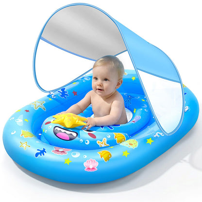Baby Pool Float with Canopy UPF50+ Sun Protection, WJWJA Inflatable Kids Pool Floats with Adjustable Safety Seat Infant Swimming Float for Baby 6-36 Months Boys and Girls