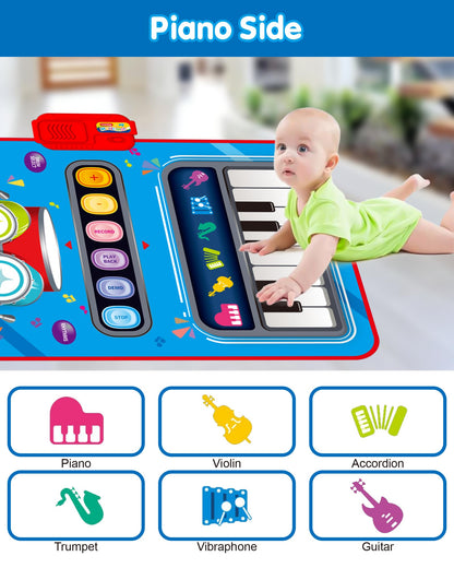 DQMOON Toys for 1 Year Old Boy Gifts, Baby Musical Mat with Piano & Drum, Adjustable Volume, 12-18 Months Toddler Toys, Christmas Birthday Easter Gifts for 1-2 Year Olds Boys Girls (Blue)