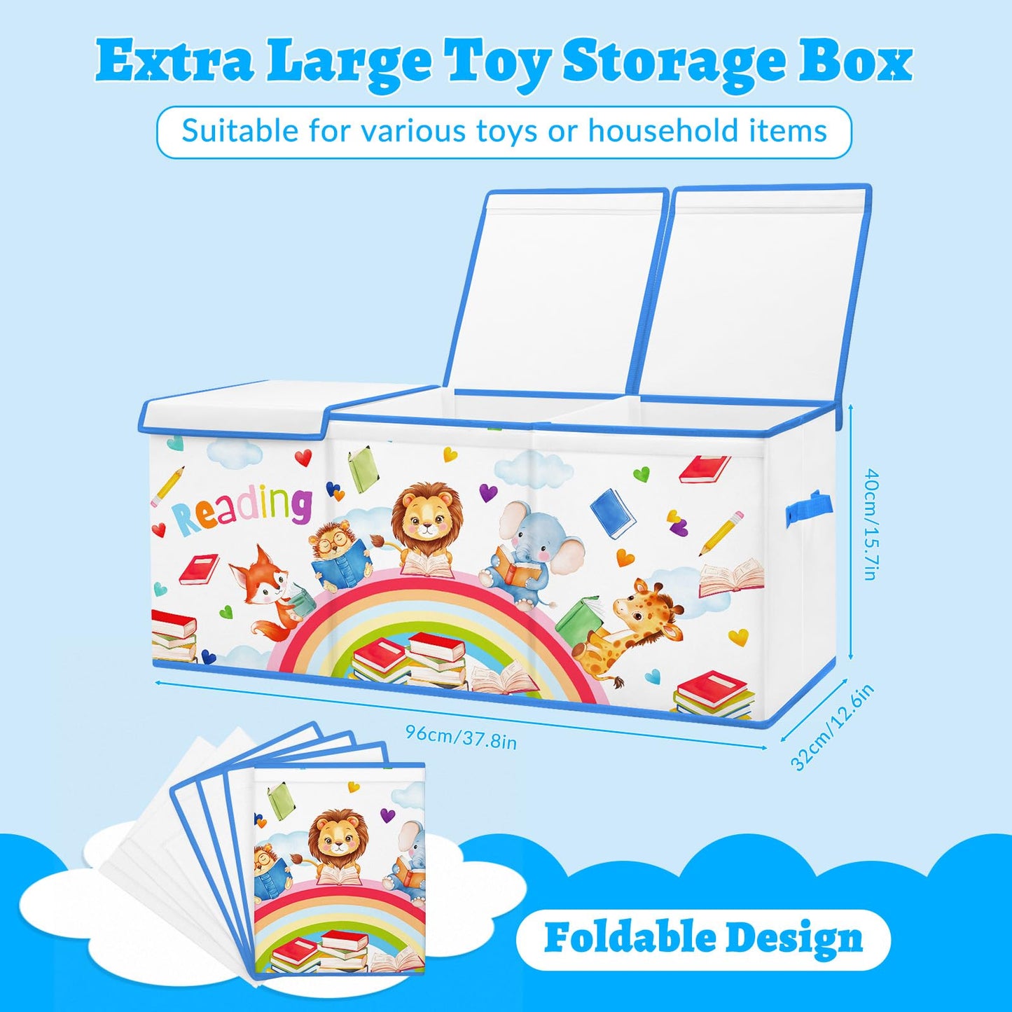 decalsweet Kids Toy Box Storage Chest Collapsible Storage Bin with Lids Handles for Boys Girls Toddler, Large Kids Toy Organizer Box for Kidsroom Bedroom Playroom Nursery,37.7"x12.5"x15.7"