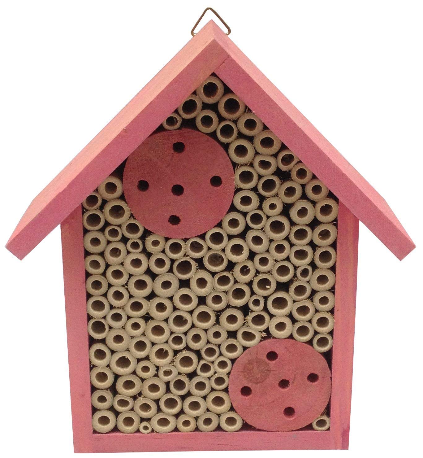 Cestari Mason Bee House Bamboo Tube Solitary Bee Hotel – 75 FSC‑Wood & Bamboo Tubes, 8 × 7.5 × 5 in, Rose Pink