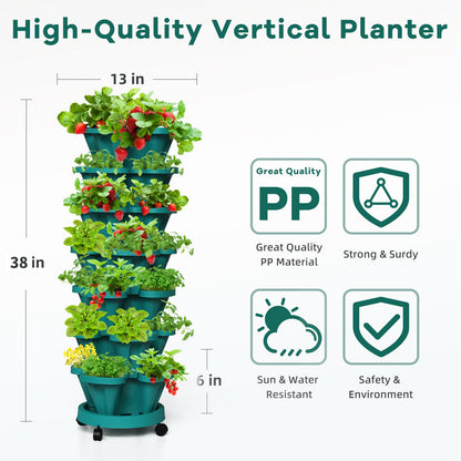 Tectsia Strawberry Vertical Planters Tower Garden 2 Pack, 7 Tiered Stacking Herb Vegetable Planter with Support Pole Indoor and Outdoor - Hunter Green