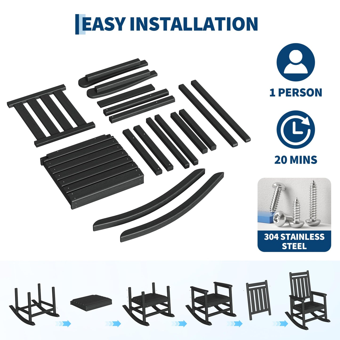 Garvee HDPE Rocking Chair Outdoor Set of 2 with Side Table - Poly High Back Porch Rocker Chairs for Adults - All Weather Resistant Furniture for Patio Front Porch - Black