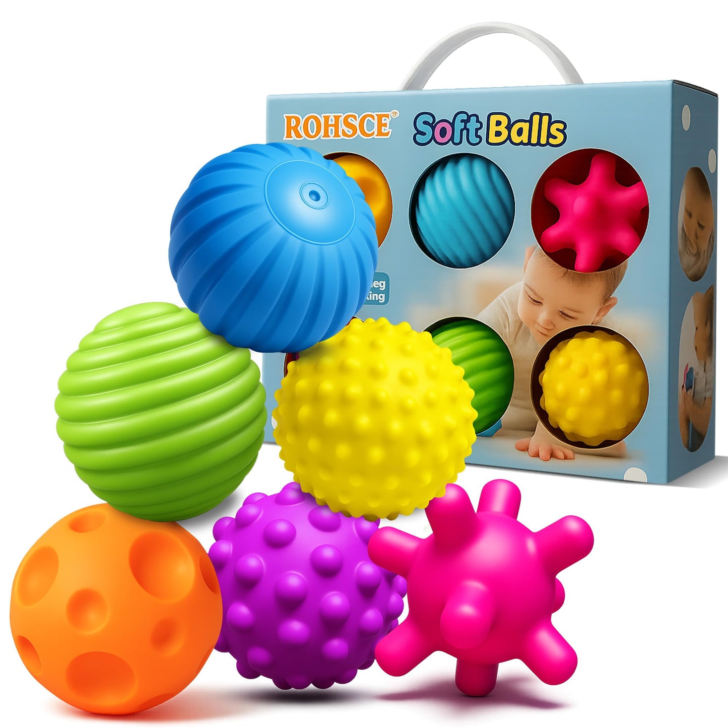 ROHSCE Sensory Ball for Babies 6 to 12 Months, Baby Balls for Toddlers 1-3 Massage Stress Relief, Textured Multi Sensory Balls Gift Sets, Montessori Sensory Toys 6 Spikey Squeeze Ball for Infant Kids