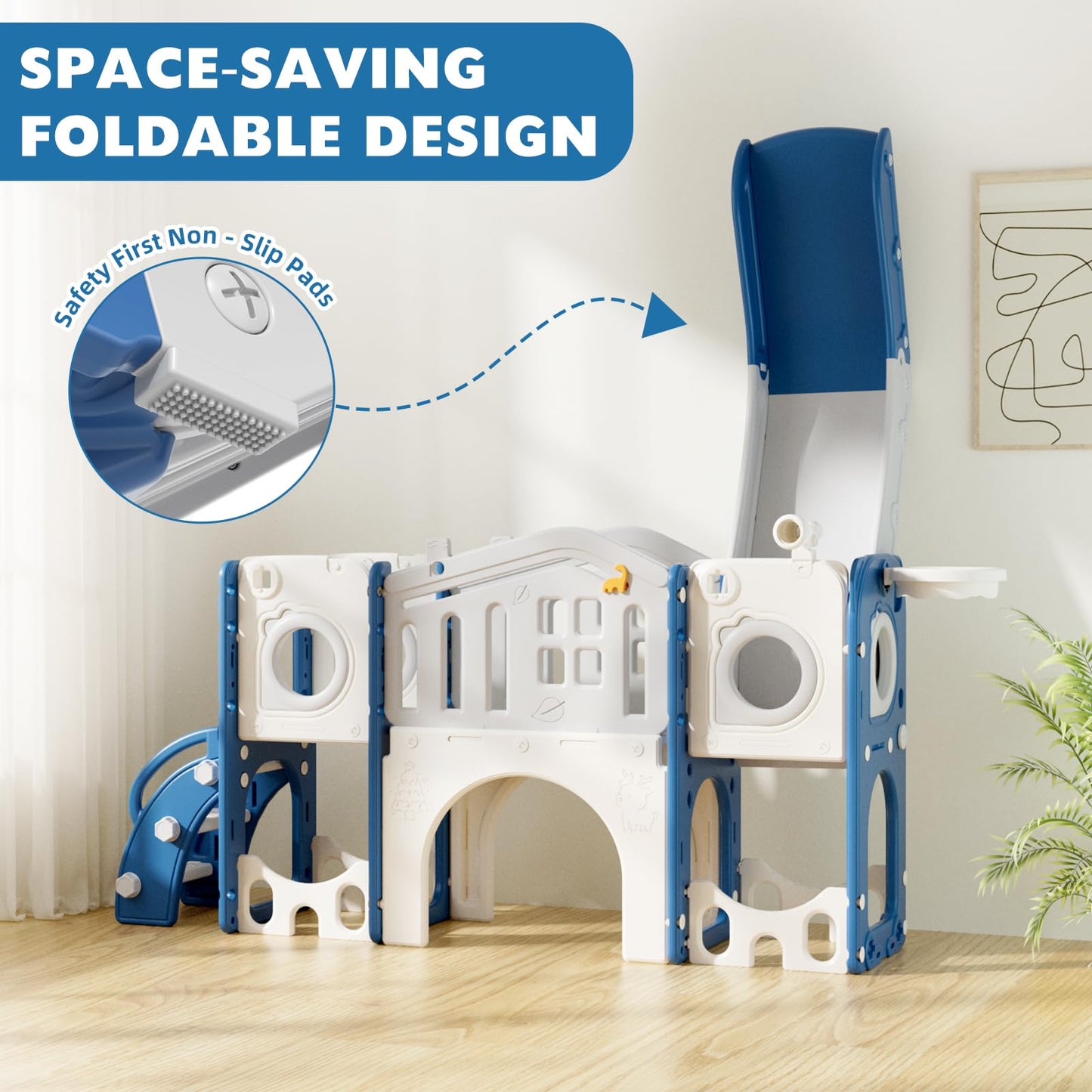 67i 10-in-1 Toddler Playground Set with Slide & Climber, Indoor Outdoor Play Gym for Toddlers 1-3, Quick Compact Setup Kids Playset with Basketball Golf Ring Toss Telescope Dino Area (Blue Gray)