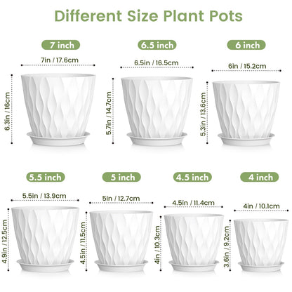 Meowell 7/6.5/6/5.5/5/4.5/4 inch Plant Pots for Indoor Outdoor Plants, 7 Pack Thick Flower Pots with Drainage Holes and Saucers, Modern Wave Texture Plastic Planter Pots for Nursery, Succulent, White