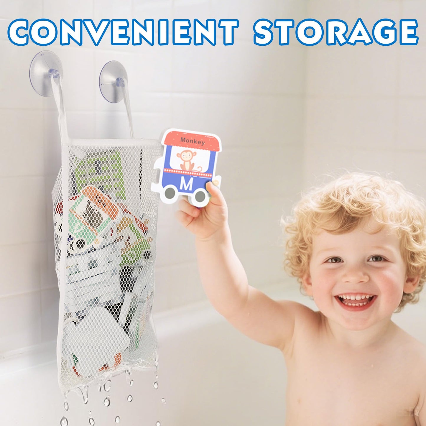 iPlay, iLearn Bath Toy Organizer W/Foam Letters, Toddler Bathtub Toy W/Storage Net, 32 Floating Alphabet Train Puzzle Bathtime Shower Water Play, Learning Birthday Gift 3 4 5 6 Year Old Kid Boy Girl