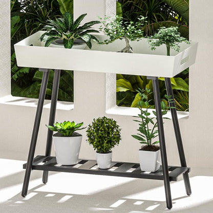 DHYGOTFUR 2-Tier Aluminum Plant Stand Indoor Outdoor with Built-in Handles, Anti-Fall Top Storage Box, Heavy Duty Multi-Use Plant Rack & Display Shelf for Patio Garden Lawn Balcony Living Room