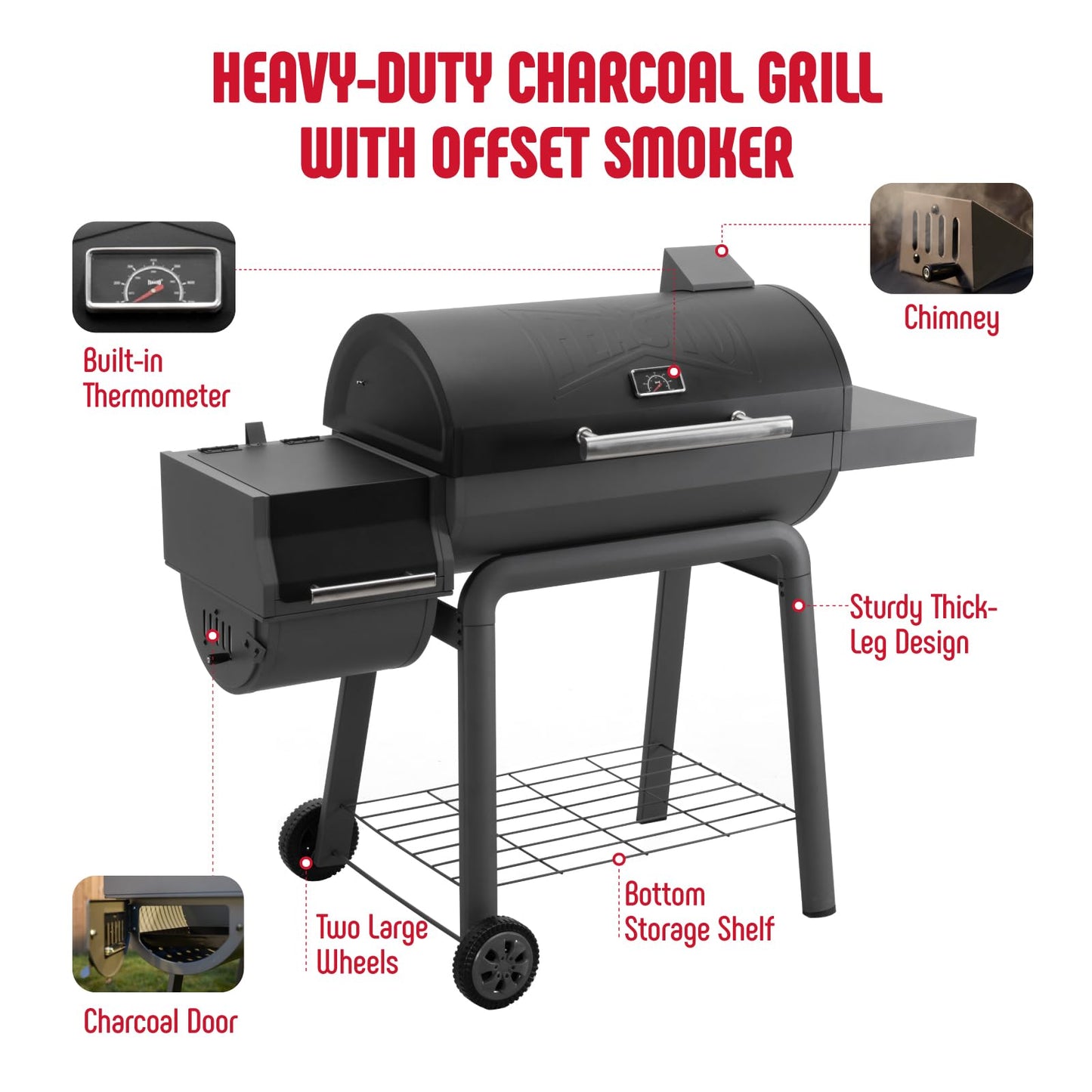Feasto Heavy-Duty 30-Inch Charcoal Grill with Offset Smoker Grill, Side Table & 815 Sq. In Cooking Space, Outdoor BBQ Grill for Outdoor Barbecue in Backyard, Patio and Parties, Black