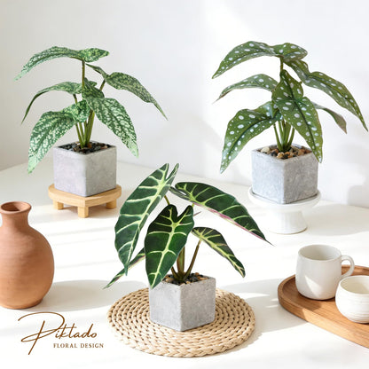 Piklado 3pcs Small Fake Plants Artificial Begonia Leaves Faux Plants Indoor for Office Desk Shelf Bathroom Home Decor