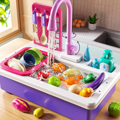 JUKUDAHU Play Sink with Running Water, Play Kitchen Toys Sink for Kids 3 4 5 6 7 Years Old, Electrical Dishwasher, Kitchen Accessories Set, Dishes Games, Gifts for Toddlers 3-5