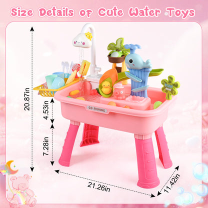 AZTWMYS Upgraded Toddler Sand Water Table Toy with Electric Water Pump, Kids Sand Water with Faucet/Play Food Accessories/Fishing Toy, Kitchen Play Sink Toys for Girl Boy Age 3+ (Pink)