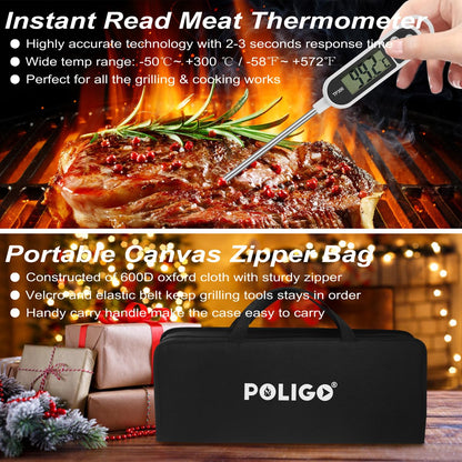 POLIGO 26 PCS BBQ Grill Accessories Stainless Steel BBQ Tools Grilling Tools Set with Storage Bag for Fathers Day Dads Birthday Presents - Camping Grill Utensils Set Ideal Grilling Gifts for Men Black
