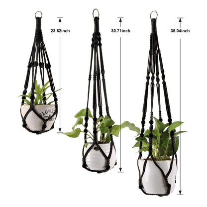 MKO SHUN 3-Pack Macrame Plant Hanger Indoor - Hanging Planter Basket for Indoor Outdoor - Decorative Boho Plant Holders Set with Beads - Ceiling Flower Pot Holder with 6 Hooks - 35"/30"/24" Black