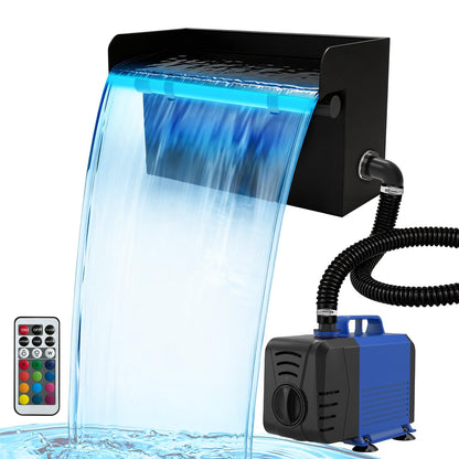 Devopet Pond Waterfall Spillway Kit, 12" Stainless Steel Spillway with Remote Control LED Lights, 660GPH Submersible Water Pump, Outdoor Waterfall Fountain for Water Feature, Garden, Backyard, Pool