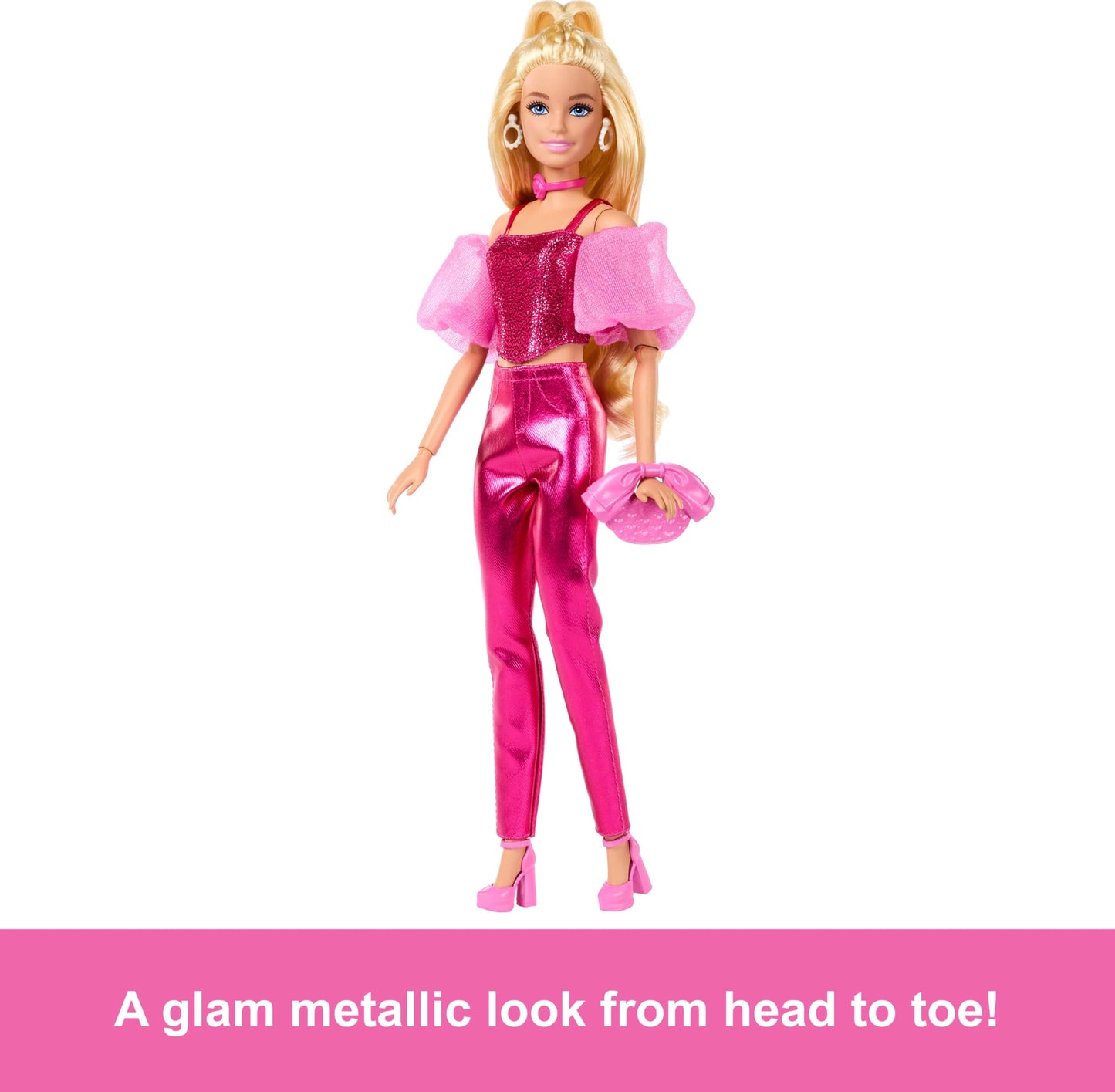 Barbie Deluxe Style Doll #5 in Metallic Pink Outfit, Blonde Hair, Sparkly Corset Top and Shiny Pants with Accessories Like Rose Necklace and Handbag