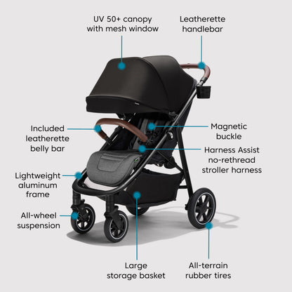 Baby Jogger® City Mini Air Lightweight Stroller, Compact Baby Stroller with All-Terrain Wheel Suspension Adjustable Seat with Calf Support Compact Fold, Rich Black
