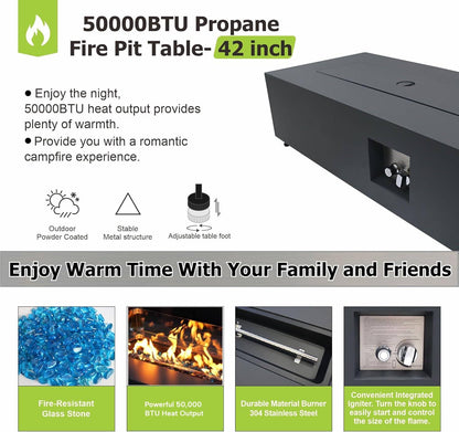SUNPEAK 42" Rectangular Propane Fire Pit Table 50,000 BTU Fireplace Table with Wind Guard, Lid, Rocks and Cover - Fire Pits & Outdoor Fireplaces - Gas Fire Pits for Outside Patio (Black, 42")