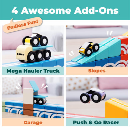 QBI STEM All-in-1 Toy Set with 6 Cars & 3D Tracks | Open Ended Educational Sensory Magnet Cubes | Montessori Toys, Magnetic Building Blocks for Boys & Girls (82 Pieces)