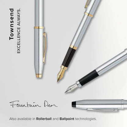 Cross Townsend Refillable Fountain Presented in a Luxury Gift Box - Medium Point, Black Ink, Lustrous Chrome