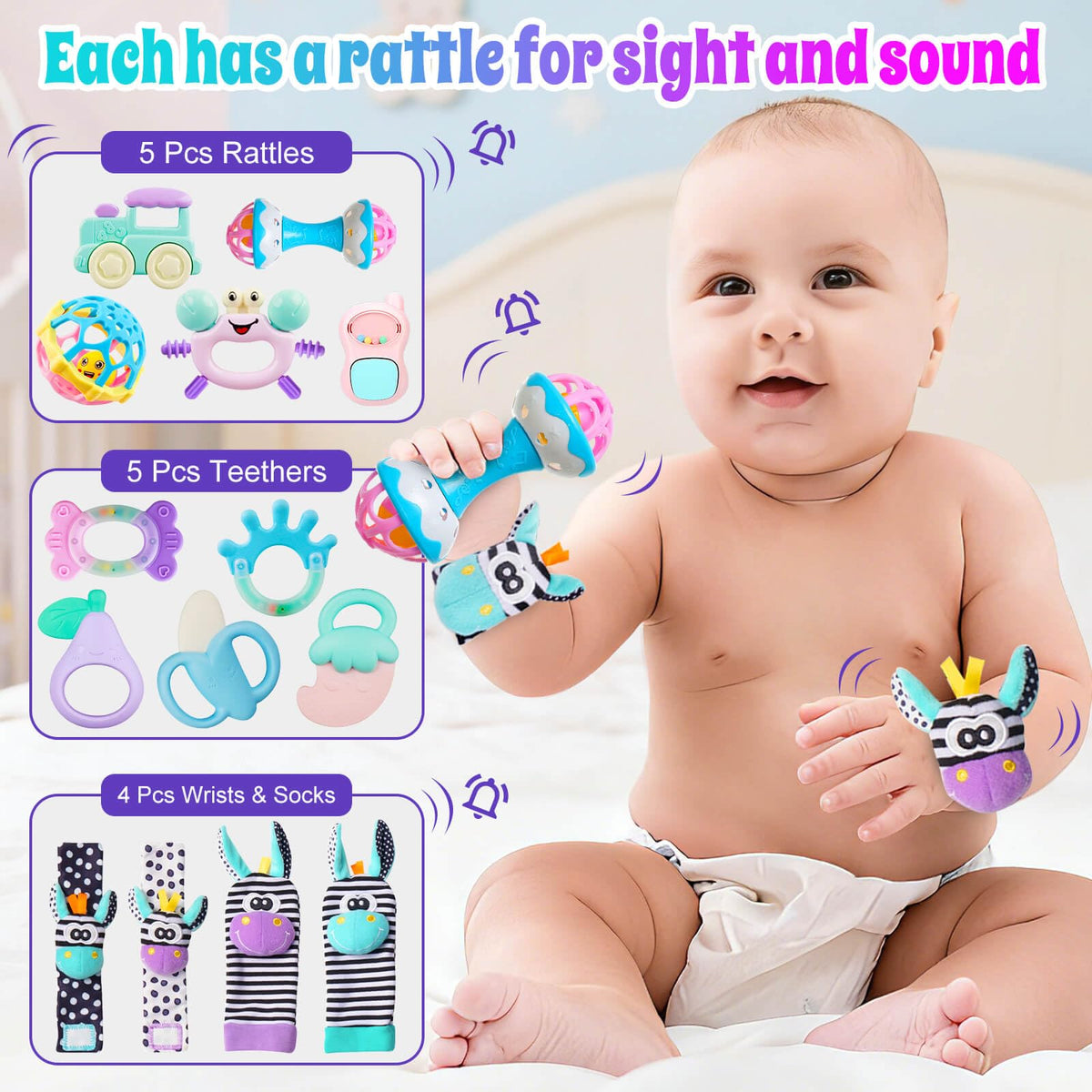 Baby Toys 0-6 Months - Baby Rattles Teething Toys 3-6 Month Infant Toys 6-12 Months Teether Toy 3 4 5 6 Month Old Newborn Essentials Must Haves Wrist Socks Toddler Stocking Stuffers Christmas Gifts