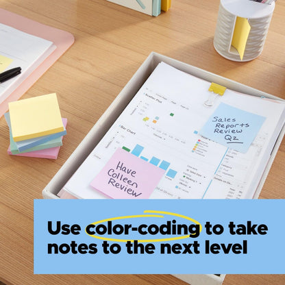 Post-it 100% Recycled Paper Super Sticky Notes, 3 x 3 in., 18 Sticky Note Pads, School Supplies and Office Products, Sticky Notes for Vertical Surfaces, Wanderlust Pastels Collection