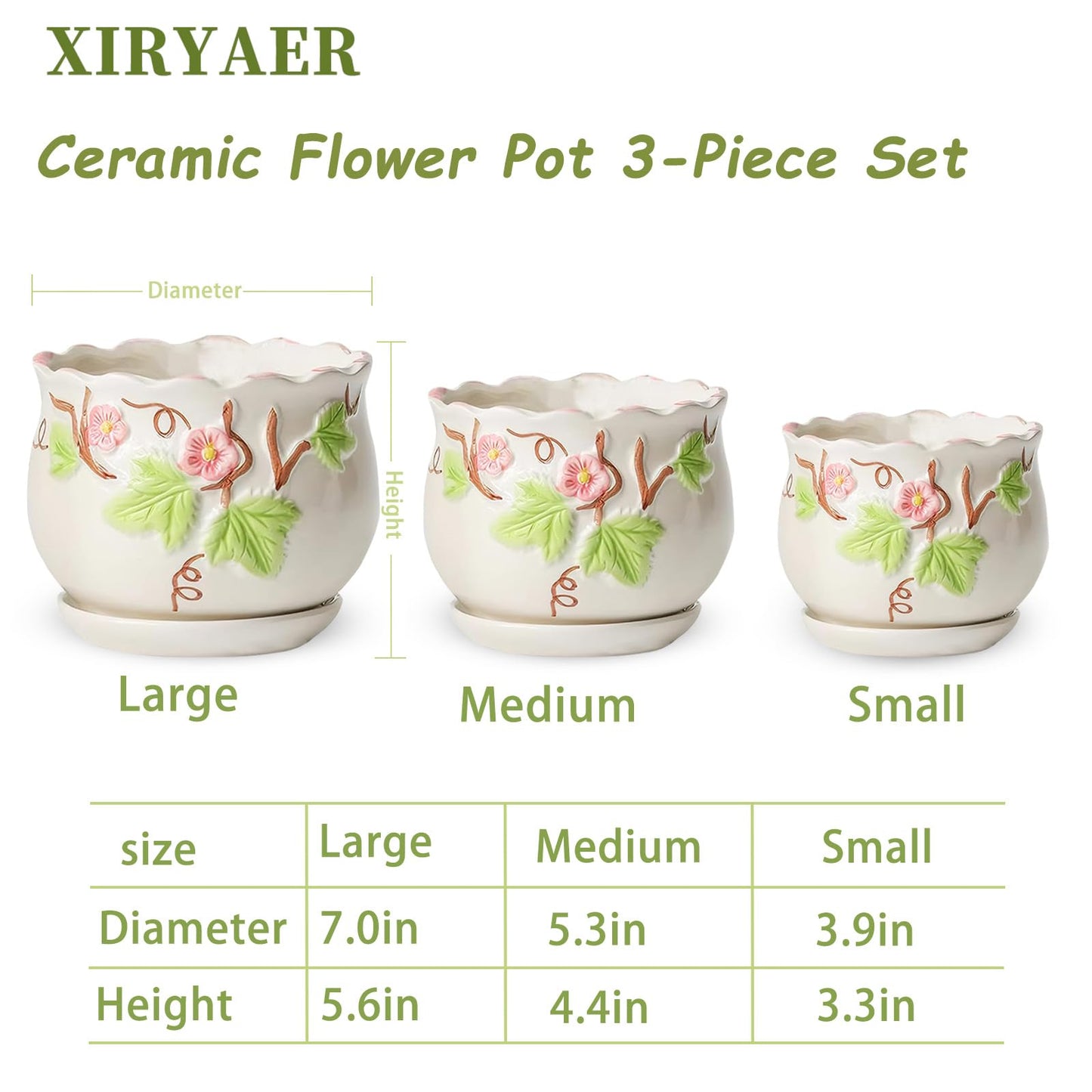 XIRYAER 3 Piece Ceramic Plant Pots with Drainage Hole and Saucer,6.7/5.1/3.9inch,Modern Decorative Planters for Indoor Plants,Round Flower Pot for Succulents,Herb Snake Plants(White)
