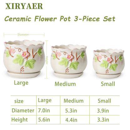 XIRYAER 3 Piece Ceramic Plant Pots with Drainage Hole and Saucer,6.7/5.1/3.9inch,Modern Decorative Planters for Indoor Plants,Round Flower Pot for Succulents,Herb Snake Plants(White)