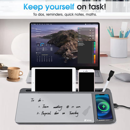 Varhomax Glass Desk Whiteboard with Wireless Charger, Desktop Dry Erase White Board with Storage, to Do List Memo Notepad for Home and Office (Gray)