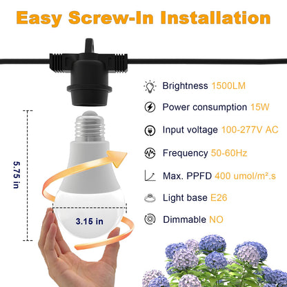 LED Grow Light Bulbs on a 22 ft Rainproof String, 90W Waterproof Full Spectrum Hanging Plant Growing Lamps, E26 Base for Backyard, Garden, Farm (6 Lights)