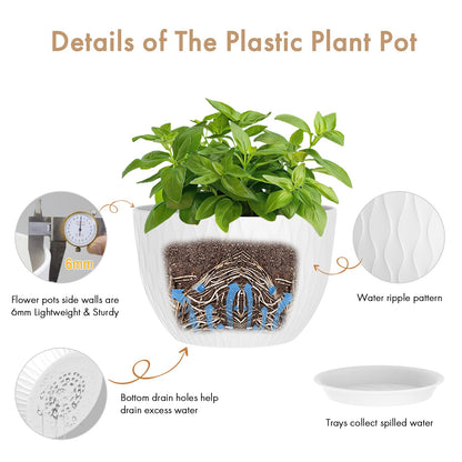 WSMKSZ 12 Inch Large Plant Pots for Indoor or Outdoor Plants, Wide Water Ripples Flower Pots with Drainage Holes & Saucer, Plastic Planters Set for Garden & Home Decor (White)