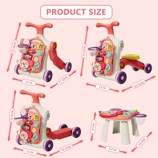 HYES Upgraded 5 in 1 Baby Walker and Activity Center for Baby Girl, Learning to Walk, Sit to Stand, Early Learning Push Toys for Infant 12 Months, Walking Toys Gift for Toddler Girls, Red