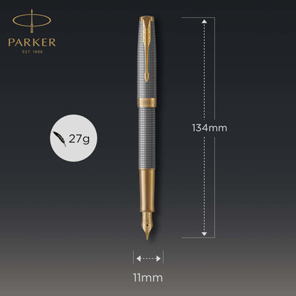 Parker Sonnet Fountain Pen Chiseled Silver with Gold Trim Solid 18k Gold Fine Nib (1931489)