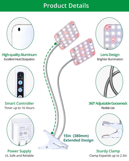 DOMMIA Plant Light, Dimmable Desk Clip on Plant Light for Indoor Plants with 6/12/16h Timer, Gooseneck Grow Lamps, Full Spectrum for Seeding, Succulent, Potted Plants, 2-Head